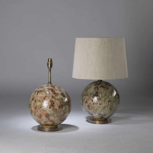 Pair Of Small Cream, Red & Brown Drizzle Ceramic 'snowball' Lamps On Antique Brass Bases