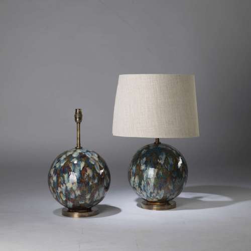 Pair Of Small Brown, Cream & Blue Drizzle Ceramic 'snowball' Lamps On Antique Brass Bases