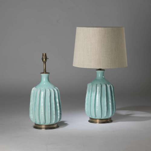 Pair Of Medium Bright Blue Ceramic 'sea' Lamps On Antique Brass Bases