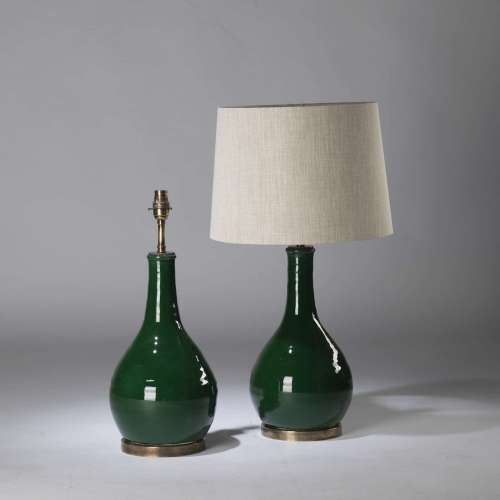 Pair Of Medium Dark 'bottle' Green Ceramic Ridged Teardrops Lamps On Antique Brass Bases