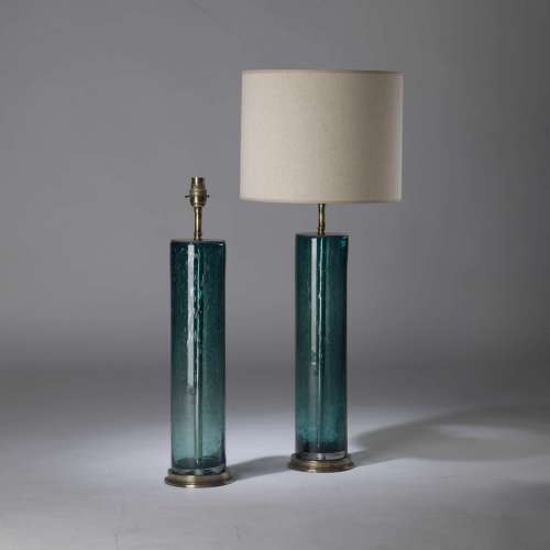 Pair Of Tall Green Blue Glass Cylinder Bubble Lamps On Round Brass Bases