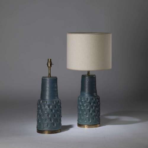 Pair Of Medium Blue Ceramic 'Rita' Lamps On Round Brass Bases