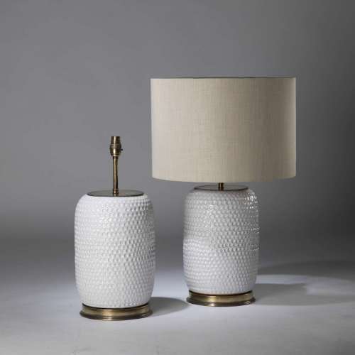 Pair Of Medium White Ceramic 'spotty' Lamps On Round Brass Bases