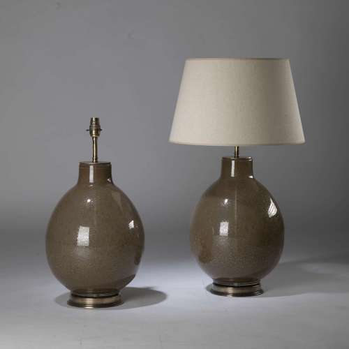 Pair Of Large Brown Mushroom Grey Bubble Glass 'balloon' Lamps On Round Brass Bases