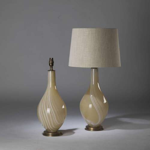 Pair Of Medium Caramel & White Glass Teardrop Lamps On Round Antique Bases