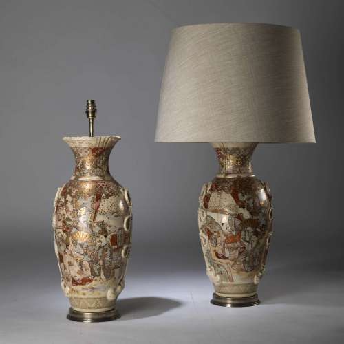 Pair Of Large Gold Cream And Orange Satsuma Lamps On Round Distressed Brass Bases