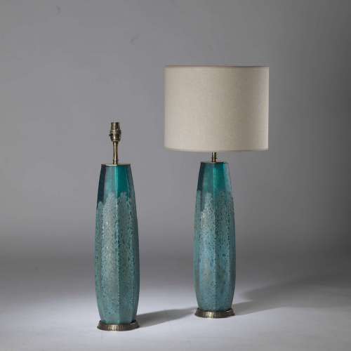 Pair Of Medium Tall Blue Textured Glass 'volcano' Lamps On Round Textured Brass Bases