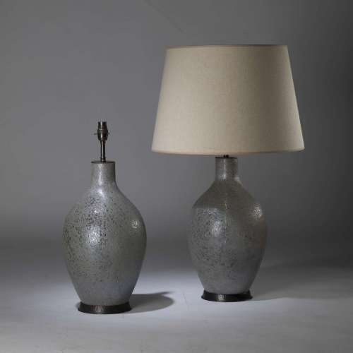 Pair Of Medium Grey Textured Glass Lamps On Round Textured Brown Bronze Bases