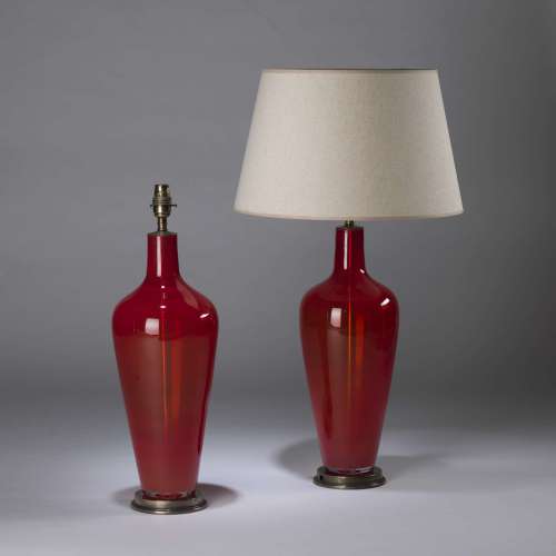 Pair Of Large Red 'standard' Glass Lamps On Round Antique Brass Bases