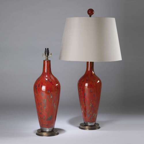 Pair Of Large Red 'standard' Dappled Glass Lamps With Matching Finials On Round Antique Brass Bases