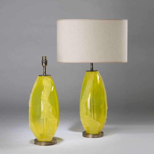 Pair Of Medium Yellow Glass 'almond' Trail Lamps On Round Antiqued Brass Bases