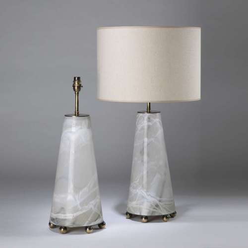 Pair Of Large Alabaster Effect Glass Cone Lamps On Round Antique Brass Base With Balled Feet