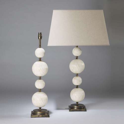 Pair Of Medium Cream Bone 4 Ball Stacked Lamps On Square Antiqued Brass Bases