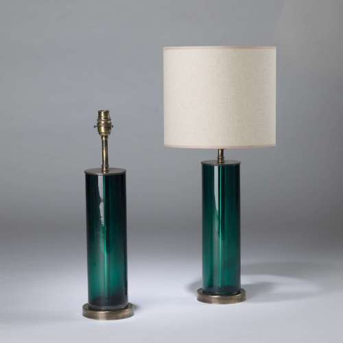 Pair Of Small Emerald Green Glass Cylinder Lamps On Round Antiqued Brass Bases