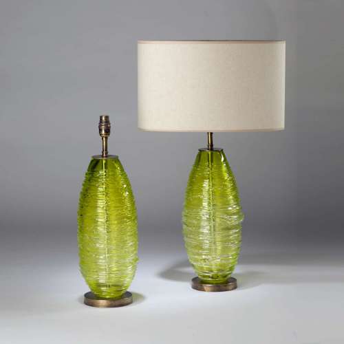 Pair Of Medium Green Glass 'almond' Drizzle Lamps On Round Antiqued Brass Bases