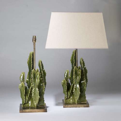Pair Of Medium Ceramic Cactus Lamps On Square Antiqued Brass Bases