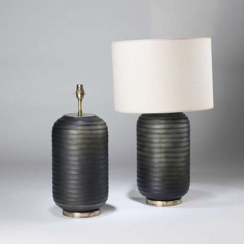 Pair Of Medium Dark Green Horizontally Cut Glass 'barrel' Lamps On Round Antiqued Brass Bases