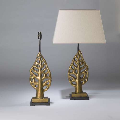 Pair Of Small Golden Ceramic Leaf Lamps On Square Bronze Bases