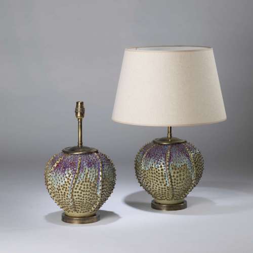 Pair Of Small Iridescent Ceramic Round Textured Lamps On Round Antiqued Brass Bases