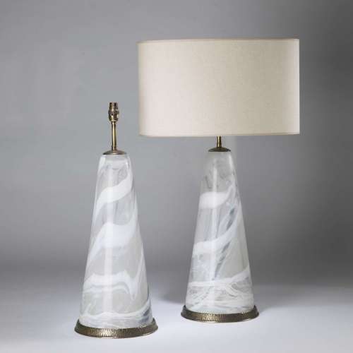Pair Of Large Alabaster Effect Glass Cone Lamps On Round Antiqued Brass Bases