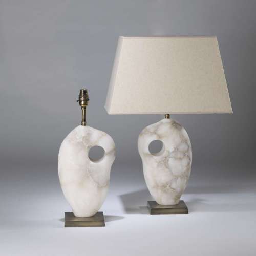Pair Of Small Barbara Hepworth Inspired Alabaster Lamp On Round Antiqued Brass Bases