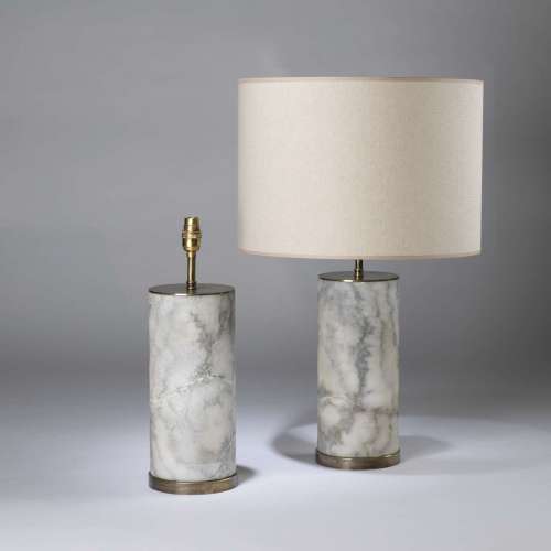 Pair Of Small Alabaster 'grey Tone' Cylinder Lamps On Round Antiqued Brass Bases