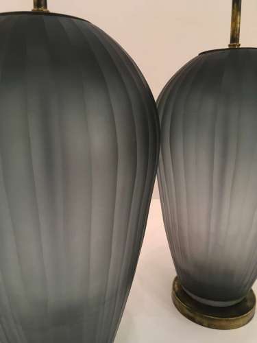 Pair Of Large Blue Grey Cut Glass Lamps On Round Antiqued Brass Bases