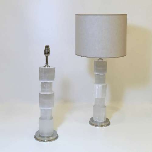 Pair Of Tall Selenite 'stacking' Lamps With Round Nickel Bases