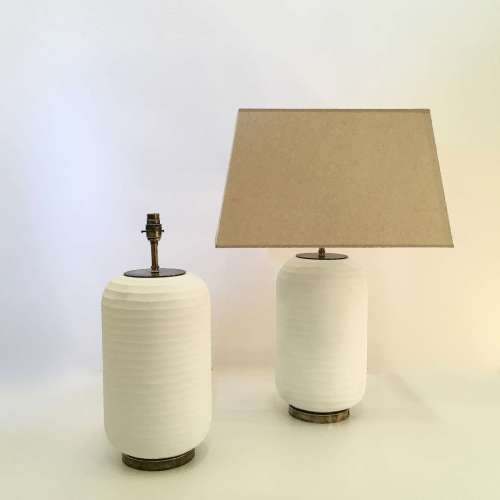 Pair Of Large White Ceramic Textured Lamps With Round Antiqued Brass Bases