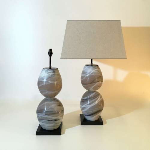 Pair Of Large Grey And White Glass Alabaster Effect Lamps With Square Brown Bronze Bases