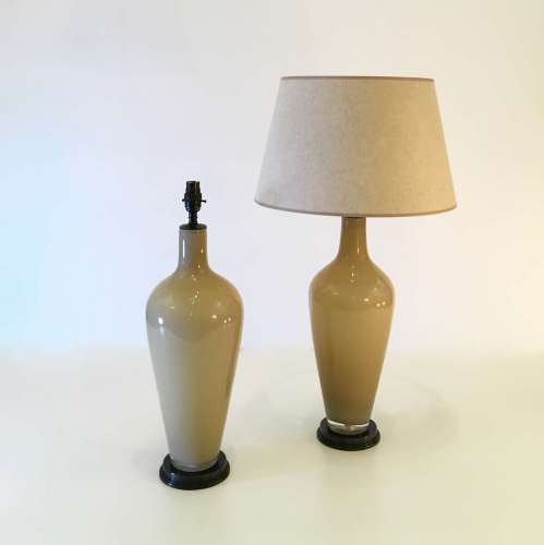 Pair Of Medium Beige Caramel Glass Standard Lamps With Round Brown Bronze Bases