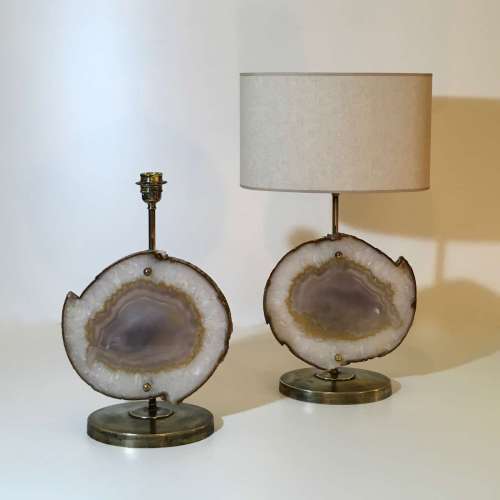 Pair Of Medium Clear White Brown Agate Lamps On Oval Brass Bases