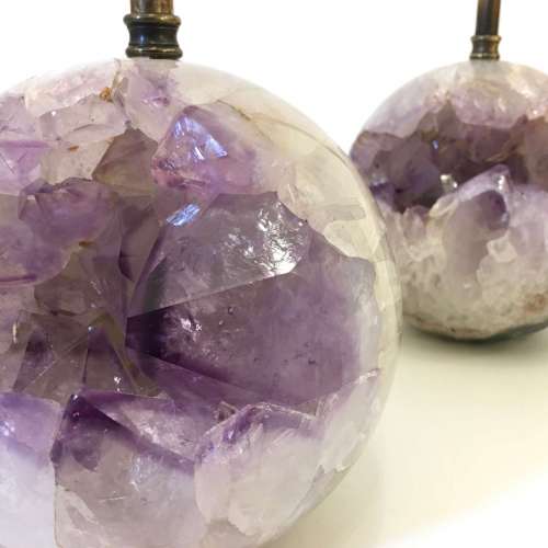 Pair Of Medium Amethyst Sphere Lamps With Antiqued Brass Fittings