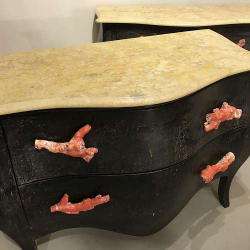 Pair Of Vintage Bombe Chest Of Drawers With Coral Handles