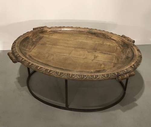 Coffee Table Made From An Amazing Massive English Elm Platter Circa 1820/1840 With A Wrought Iron Base
