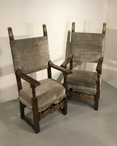 Pair Of Italian Hall Chairs Circa 1700 With Original Gilt Details