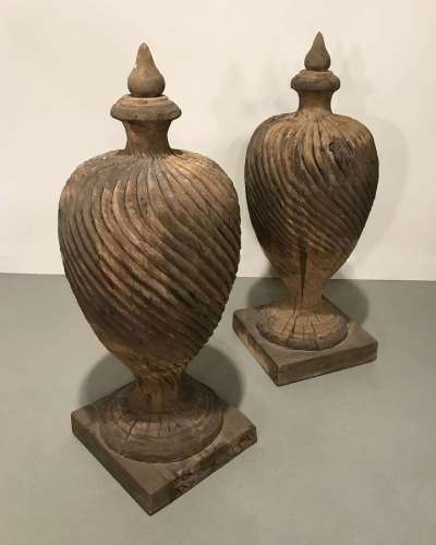 Pair Of Massive Modern Carved Wooden Finials