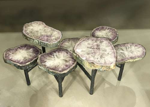Amethyst  Disc Coffee Table On Textured Wrought Iron Base