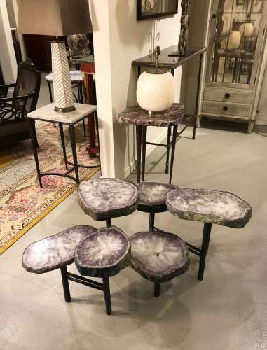 Amethyst  Disc Coffee Table On Textured Wrought Iron Base