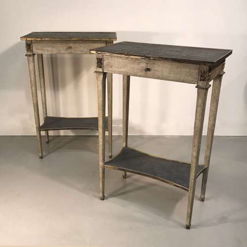 Pair Of Modern Painted French Side Tables With Single Drawer And Bronze Mounts