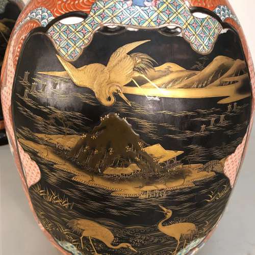 Pair Of Japanese Ceramic Vases Circa 1860/80 With Lacquered Details Amazing Size & Quality