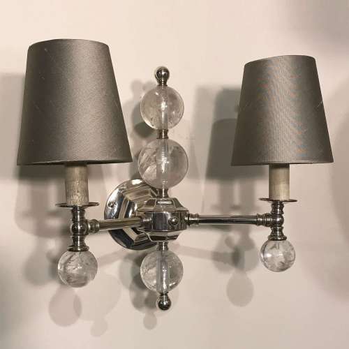 Pair Of Modern Rock Crystal And Silver Plated Bronze Wall Lights