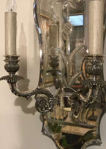 Pair Of Mirror Backed Wall Lights With Silver Plated Bronze Arms