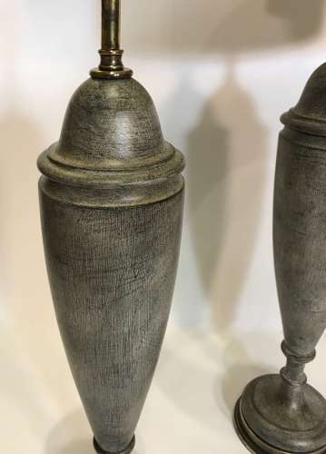 Pair Of Medium Grey Antique Wooden Lamps On Round Antique Brass Bases