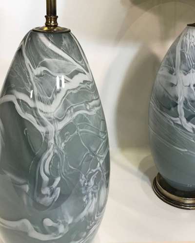 Pair Of Medium Grey Glass "Alabaster" Lamps On Antique Brass Bases
