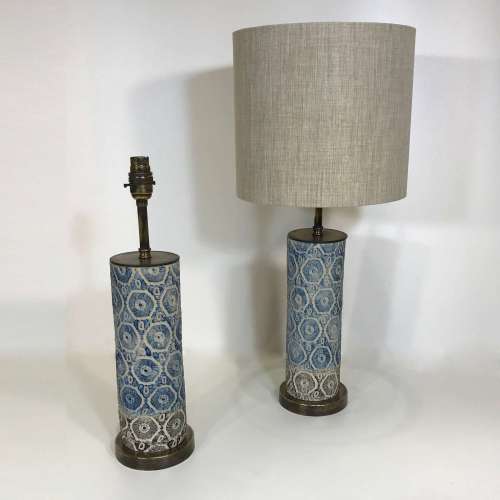 Pair Of Small Blue Ceramic Lamps On Round Antique Brass Bases