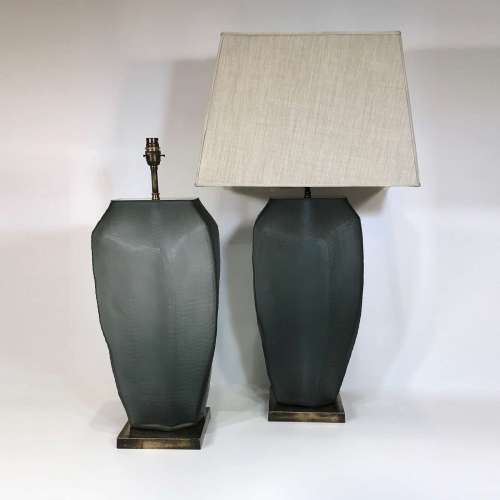Pair Of Large Textured Cut Glass Steel Grey/blue Lamps With Square Antique Brass Bases