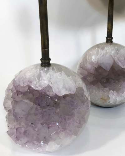 Pair Of Small Purple Amethyst "Ball" Lamps With Antique Brass Fittings