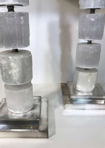 Pair Of Medium White Selenite "rustic Stack" Lamps On Square Nickel Bases