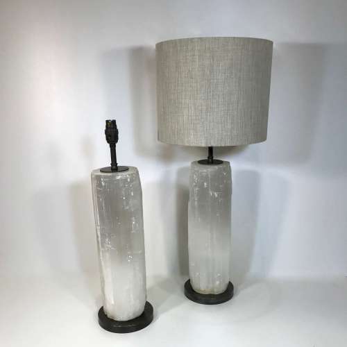 Pair Of Large Clear Selenite Lamps On Round Brown Bronze Bases